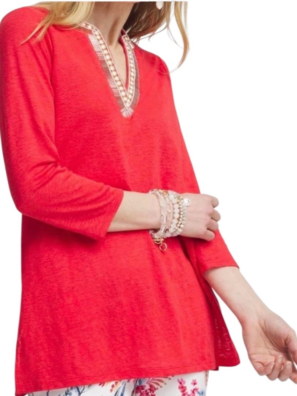 Chico’s Bright Red Embellished Linen Tunic Top (J)